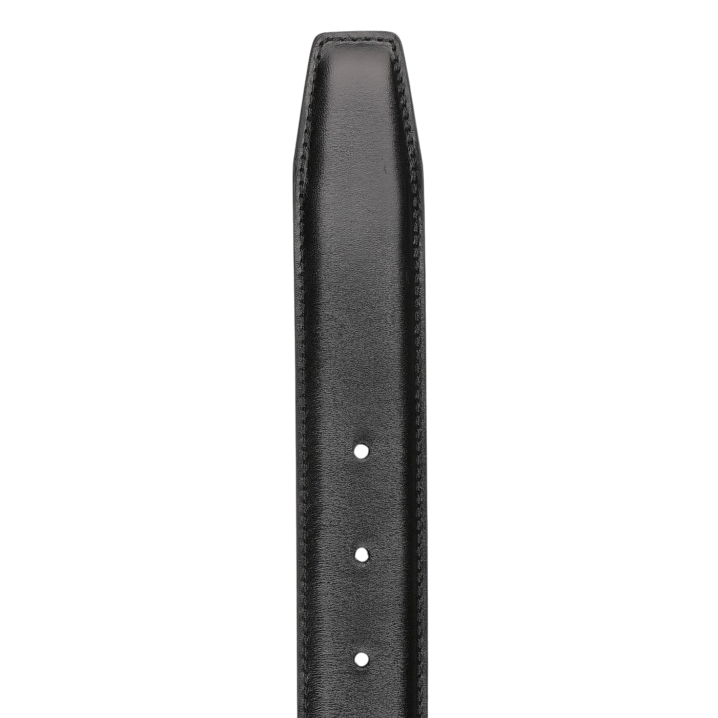 Close-up of the Crockett & Jones Black Calf Leather 32mm Belt, showcasing stitching along the edges, three open holes, and a silver-coloured buckle.