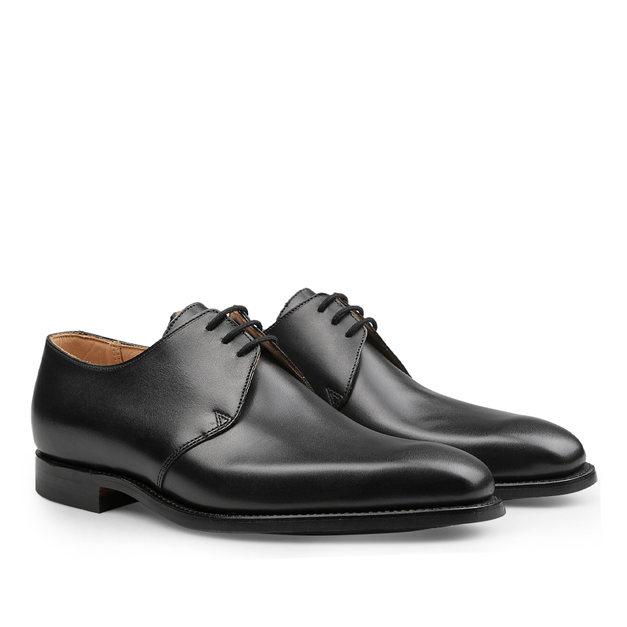 Introducing the Black Calf Leather Highbury Derbies by Crockett & Jones: a sleek pair of dress shoes characterized by a plain-toe derby design, complete with laces and a polished finish.