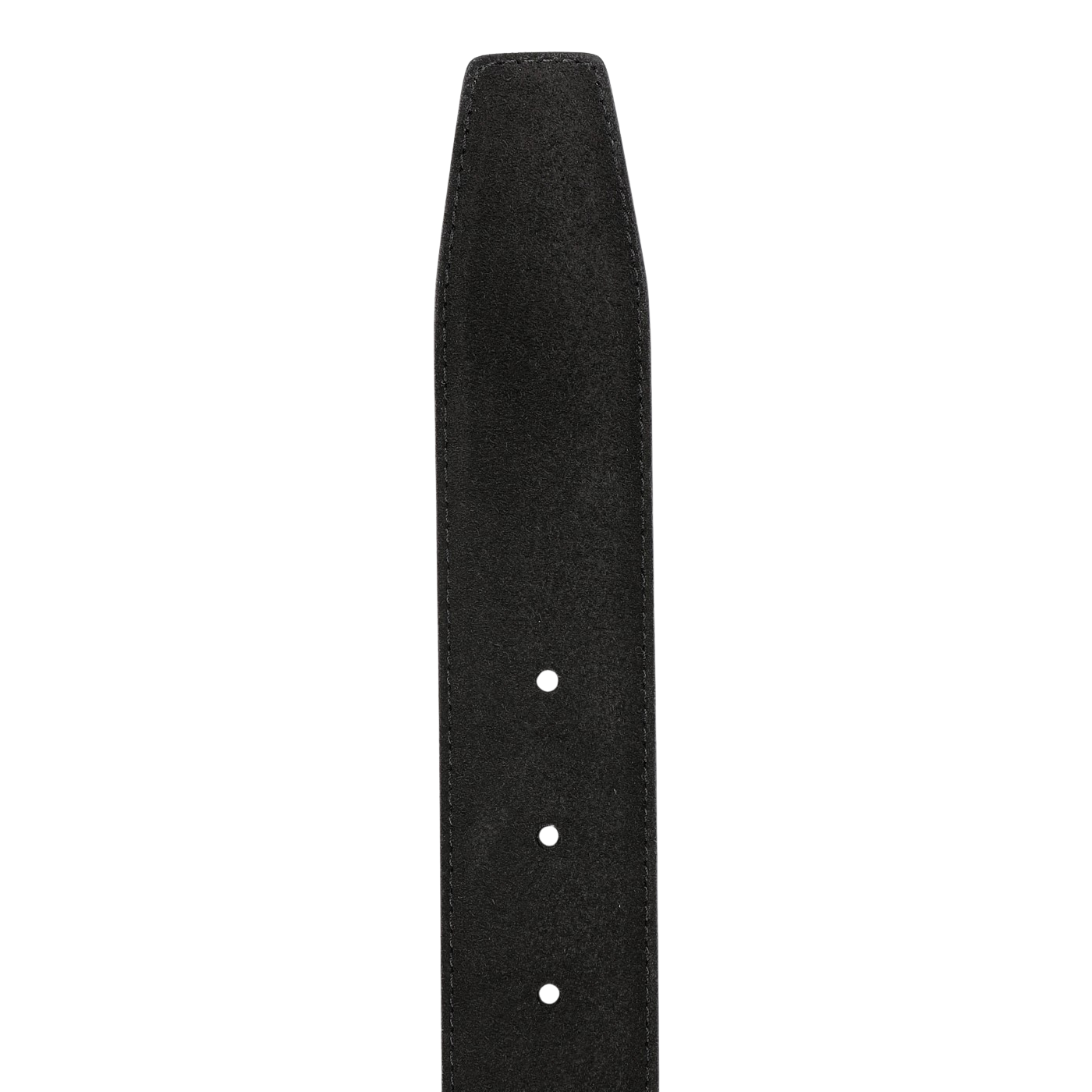 Detailed view of the Black Suede Leather 32mm Belt by Crockett & Jones, highlighting a hand-finished buckle, rectangular end, and multiple fastening holes.