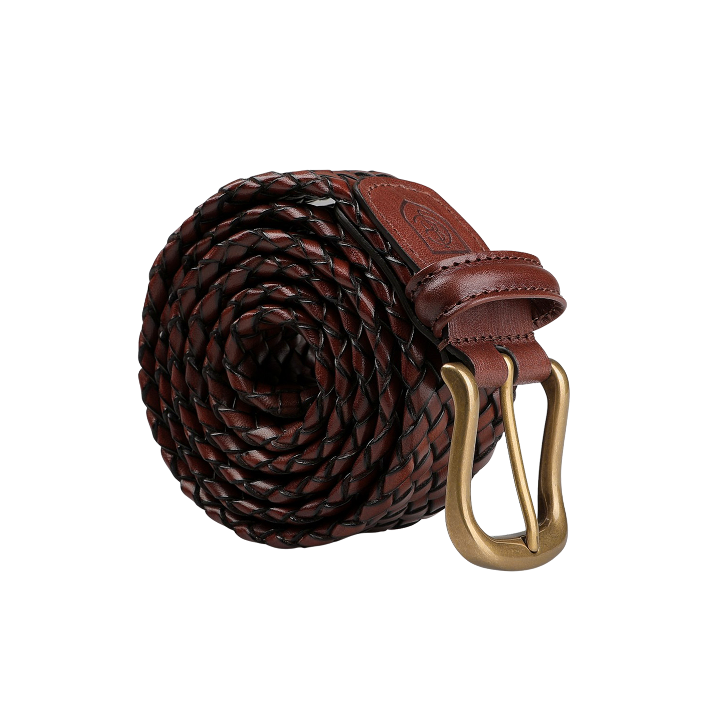 A brown woven calf leather belt, 35mm in width, featuring a brass buckle and leather strap loop, reminiscent of the classic style offered by Crockett & Jones.