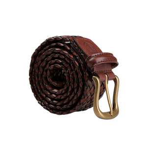 A brown woven calf leather belt, 35mm in width, featuring a brass buckle and leather strap loop, reminiscent of the classic style offered by Crockett & Jones.