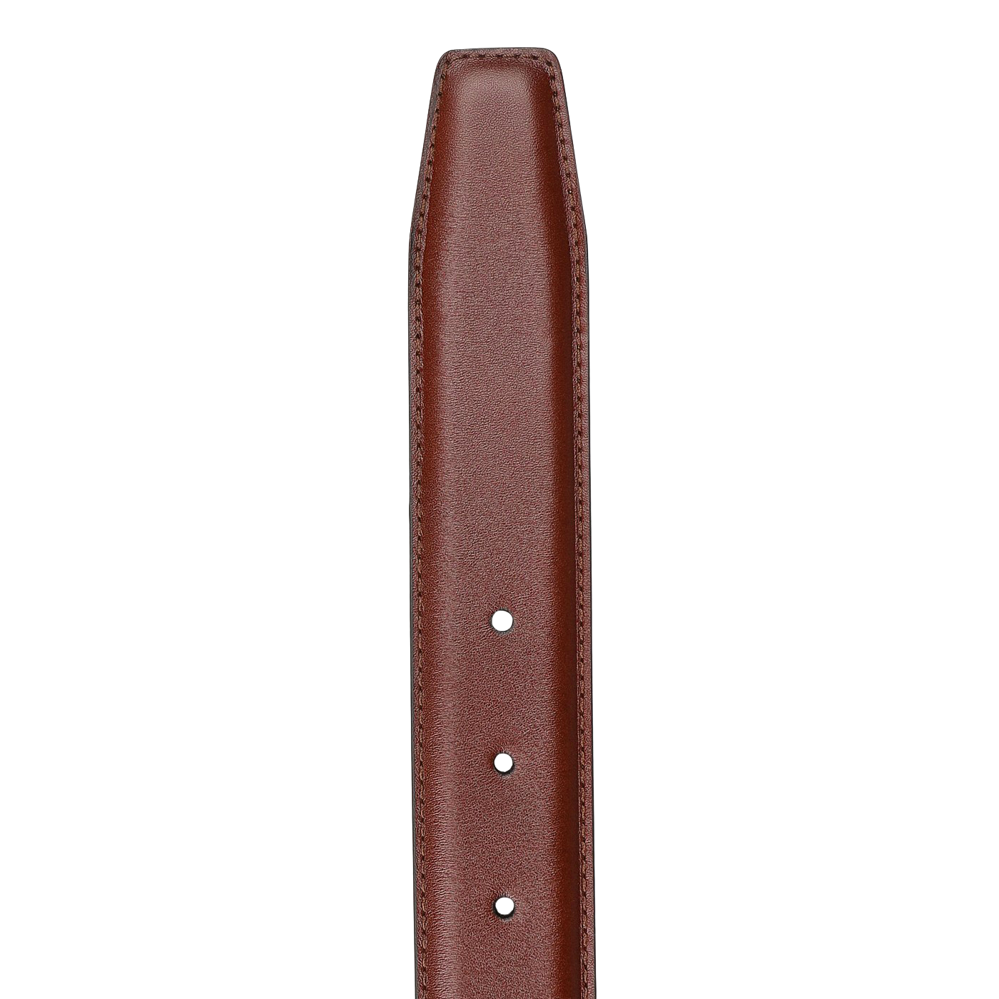 Close-up of the Crockett & Jones Chestnut Calf Leather 32mm Belt, showcasing its tapered tip, hand-finished buckle, and three adjustable holes.