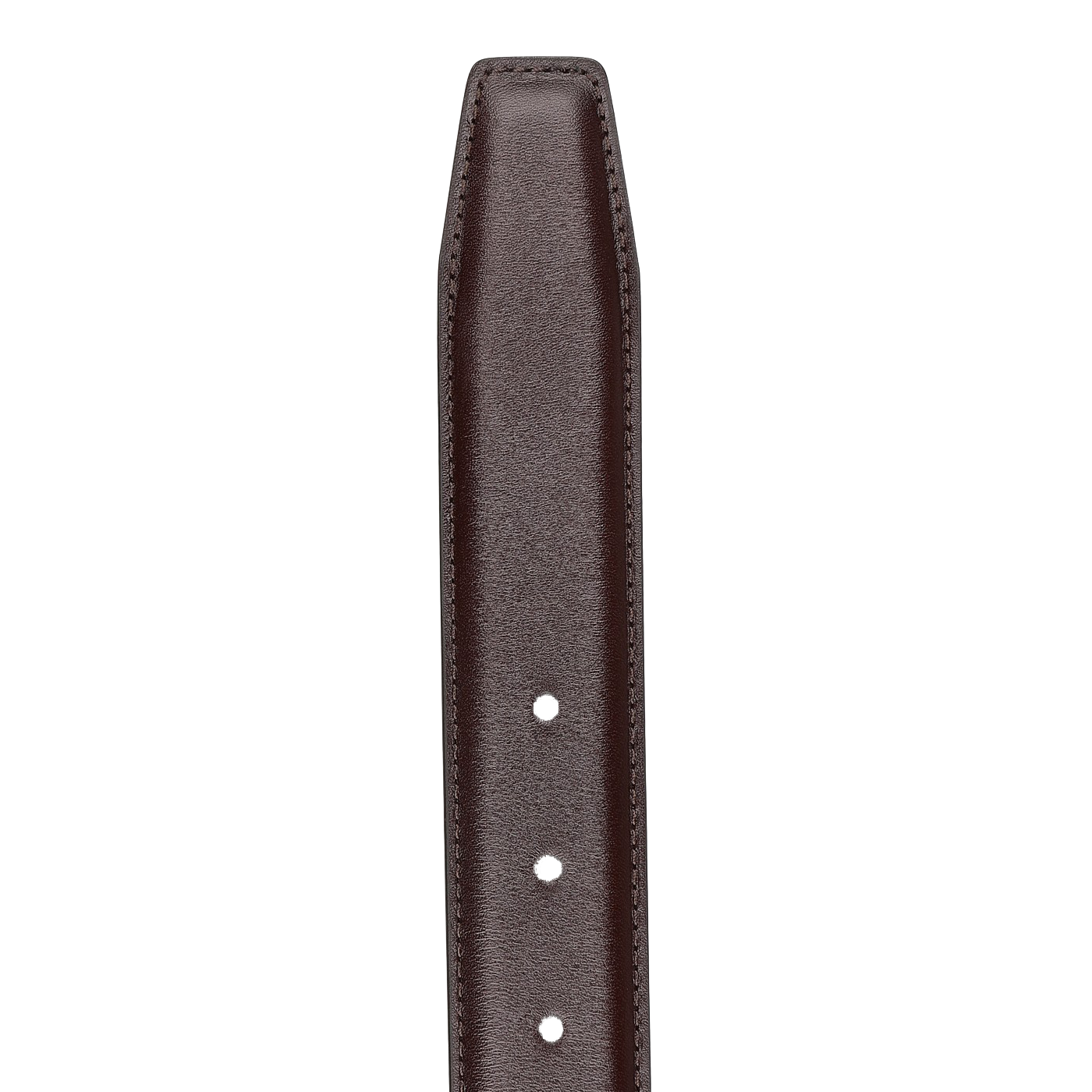 Close-up of the Dark Brown Calf Leather 32mm Belt by Crockett & Jones, showcasing a silver-coloured buckle, three holes, and a tapered end.