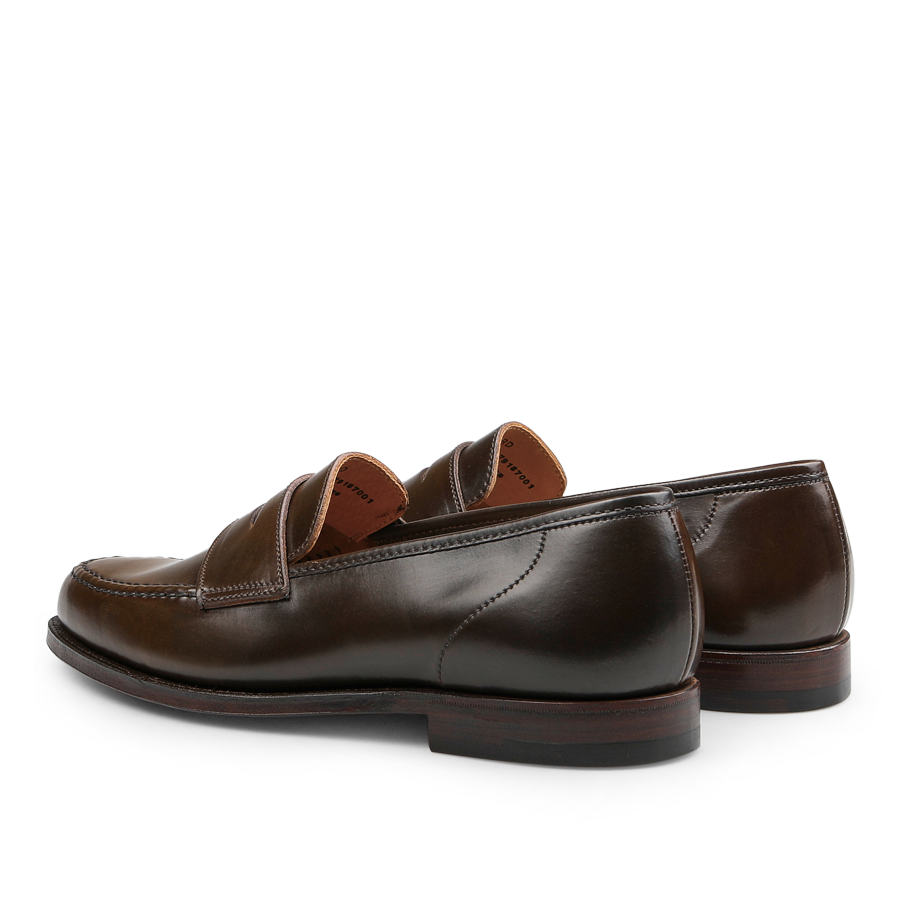 Dark brown cordovan leather Harvard loafers by Crockett & Jones, featuring a low heel, crafted from high-quality Horween cordovan leather and viewed from the back and side.