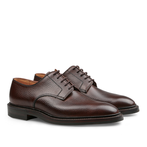 Introducing the Dark Brown Country Calf Grain Ashdown Derbies from Crockett & Jones: These lace-up dress shoes feature a textured surface and a sturdy dark sole, expertly crafted using Goodyear-welted construction.