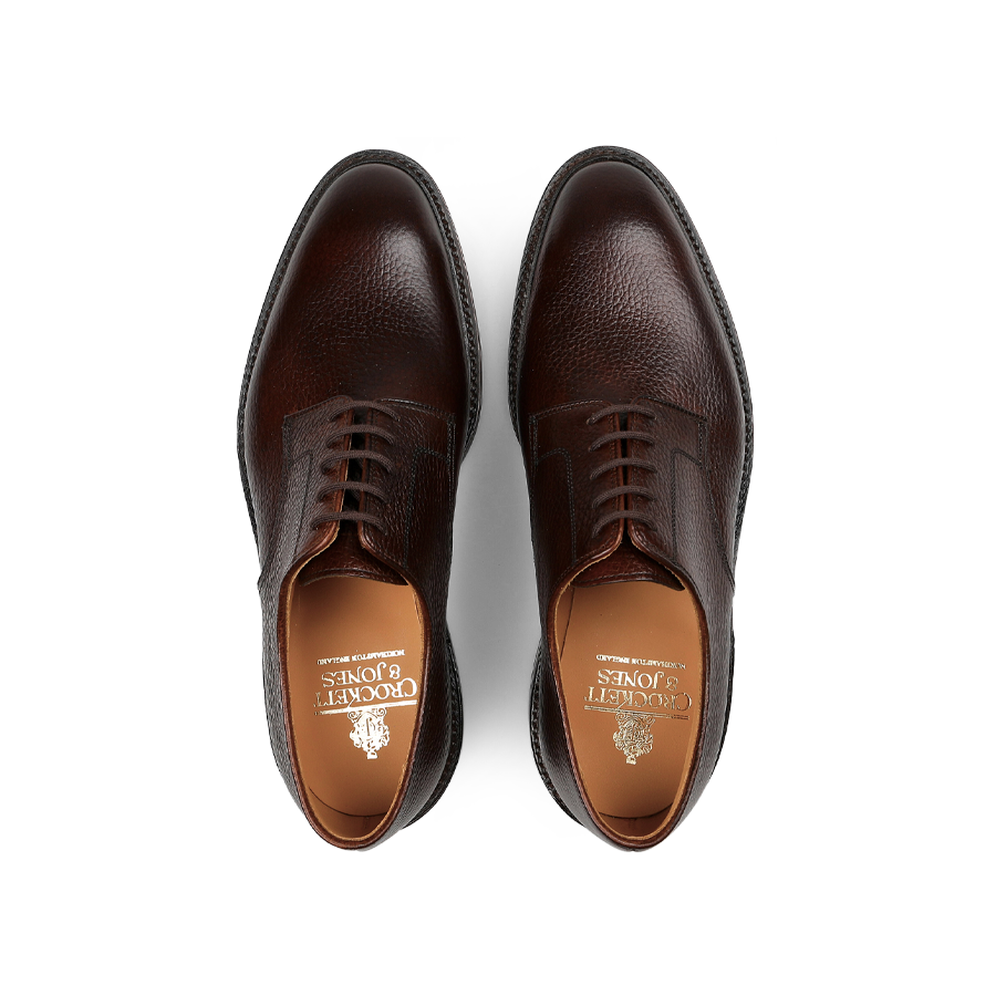 A top-down view of the Dark Brown Country Calf Grain Ashdown Derbies, expertly crafted by Crockett & Jones with Goodyear-welted precision.