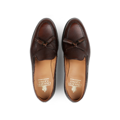 An elegant pair of Crockett & Jones Dark Brown Pebble Grain Leather Cavendish II loafers, viewed from above.