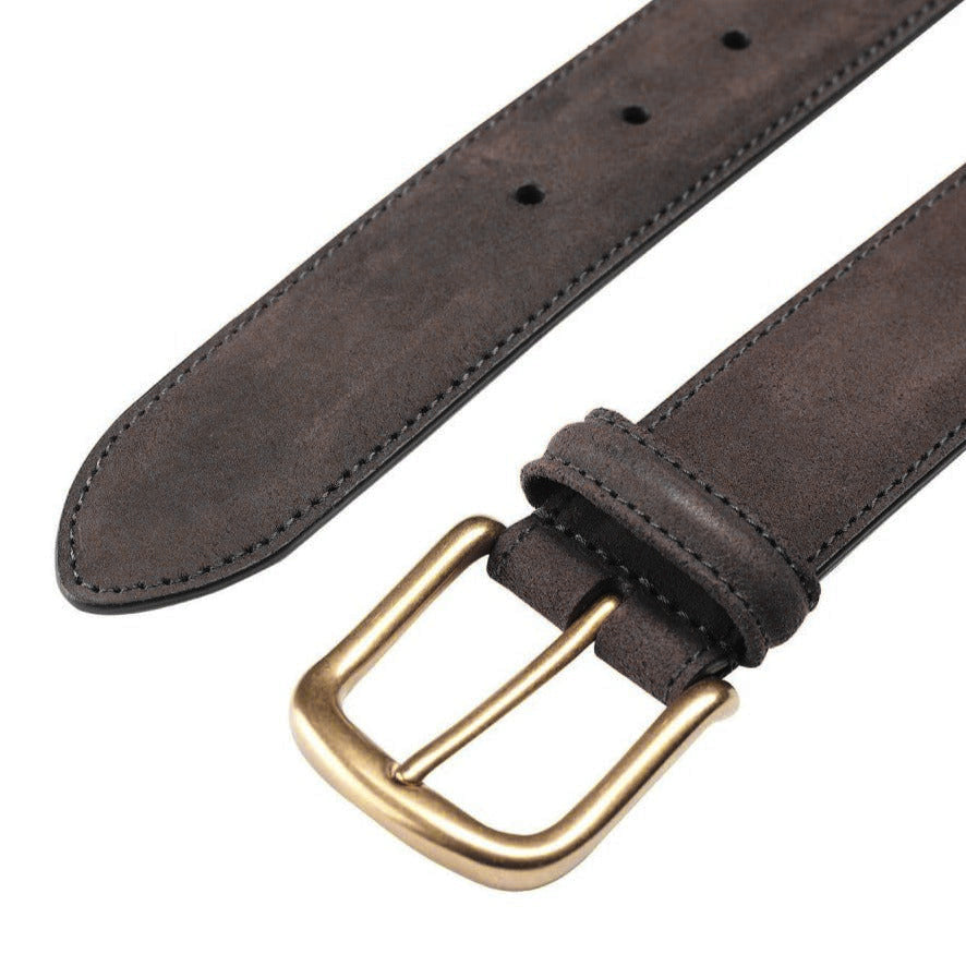 Close-up of a Crockett & Jones Dark Brown Rough-Out Suede 32mm Belt, showcasing a brass-colored buckle and multiple adjustment holes.