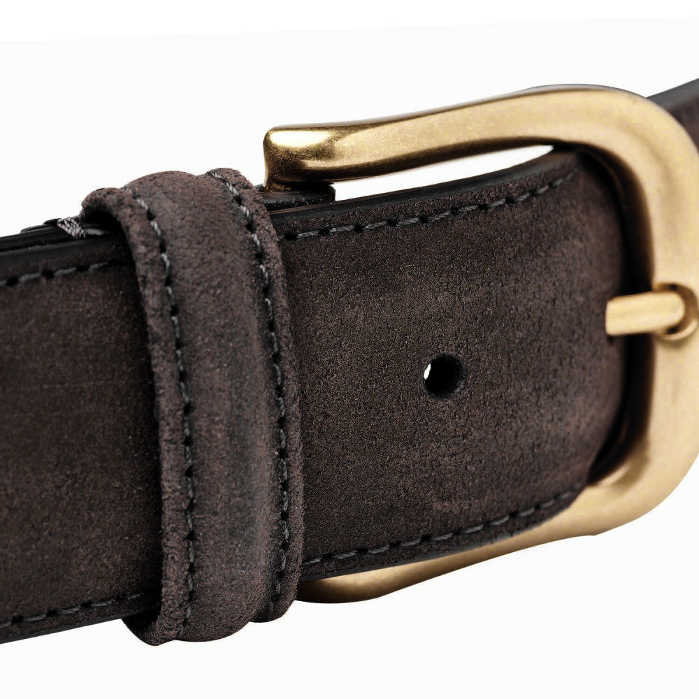 Close-up of the Dark Brown Rough-Out Suede 32mm Belt by Crockett & Jones, featuring a brass buckle and a single visible hole, highlighting its impeccable craftsmanship.