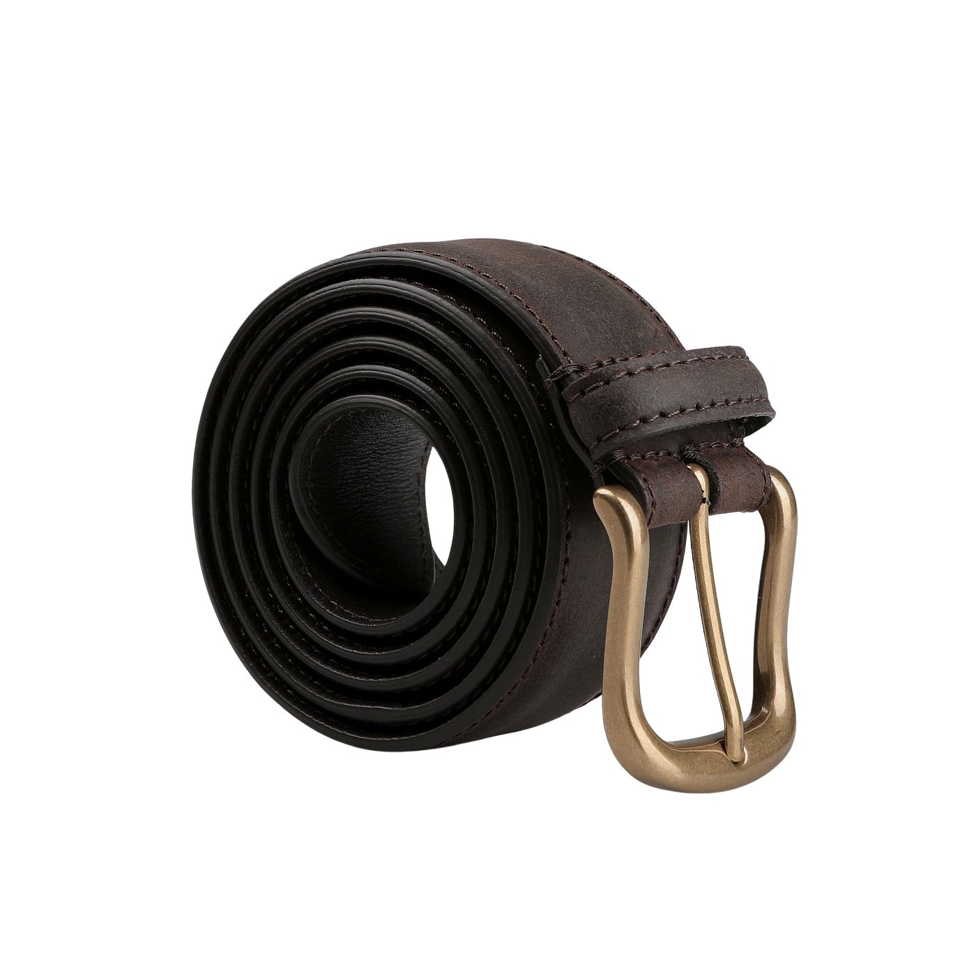 A coiled Dark Brown Rough-Out Suede 32mm Belt featuring a brass-colored buckle, exemplifying the classic craftsmanship synonymous with Crockett & Jones.