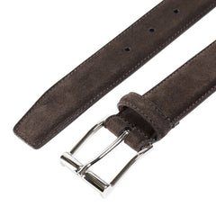 Crockett & Jones's Dark Brown Suede Leather 32mm Belt is displayed laying flat, featuring a silver-colored buckle.