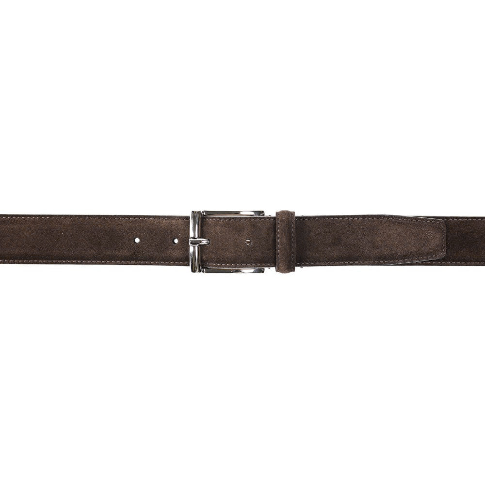 The Crockett & Jones Dark Brown Suede Leather 32mm Belt, featuring a silver-coloured buckle and a full leather lining, is displayed horizontally on a white background.