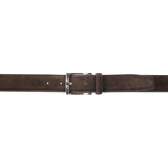 The Crockett & Jones Dark Brown Suede Leather 32mm Belt, featuring a silver-coloured buckle and a full leather lining, is displayed horizontally on a white background.