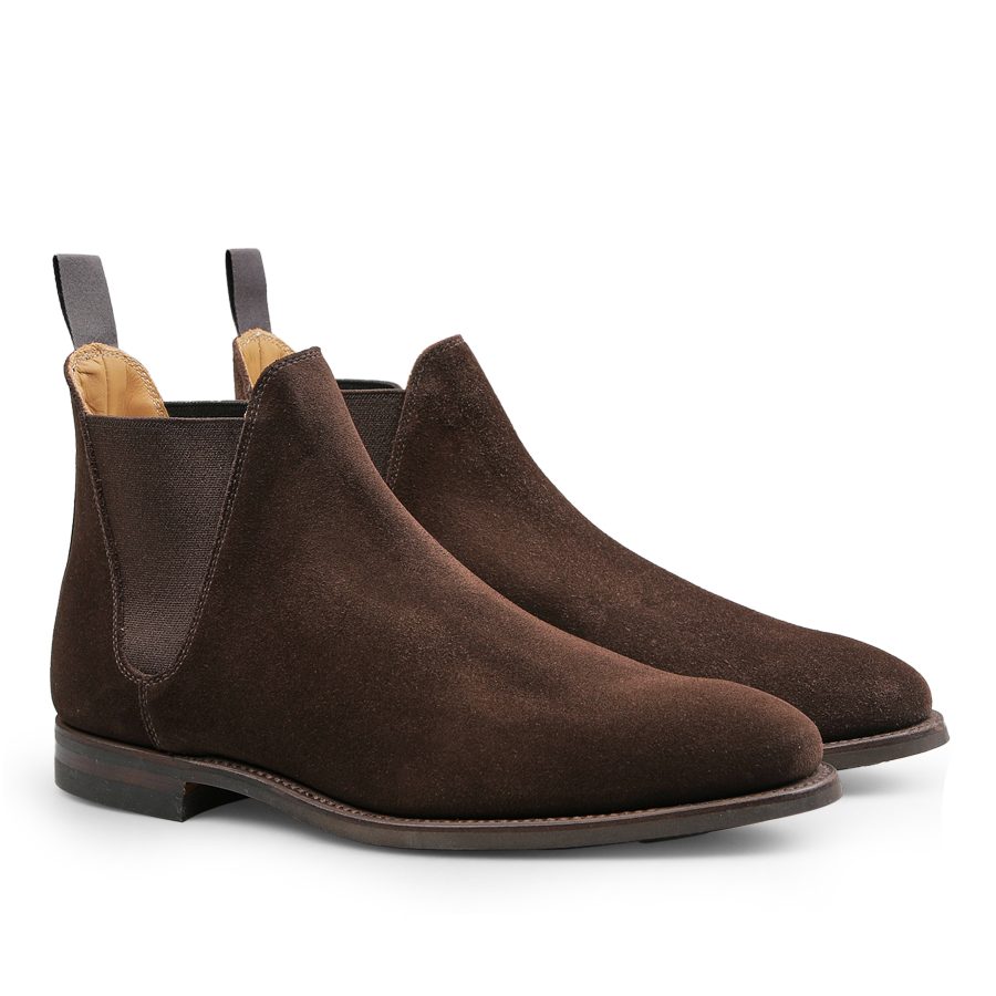 The Dark Brown Suede Leather Chelsea VIII Boots by Crockett & Jones feature Goodyear welted construction, pull tabs on the back, smooth rounded toes, and elastic side panels.