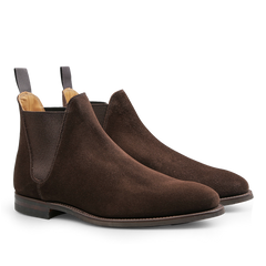 The Dark Brown Suede Leather Chelsea VIII Boots by Crockett & Jones feature Goodyear welted construction, pull tabs on the back, smooth rounded toes, and elastic side panels.