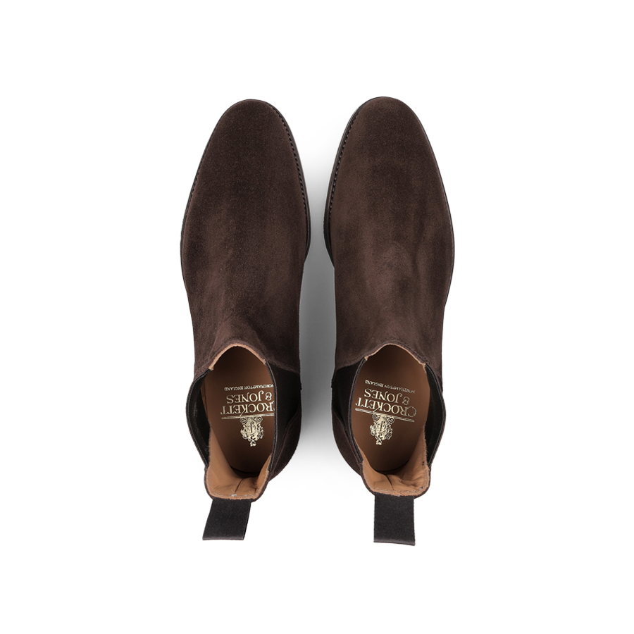 Bird's-eye perspective of Crockett & Jones Dark Brown Suede Leather Chelsea VIII Boots, featuring pull tabs.