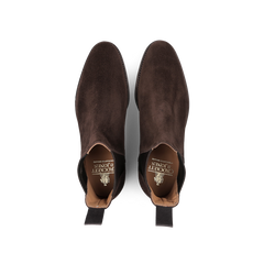 Bird's-eye perspective of Crockett & Jones Dark Brown Suede Leather Chelsea VIII Boots, featuring pull tabs.