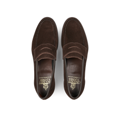 The Crockett & Jones Dark Brown Suede Leather Harvard II Loafers, featuring stitching and a visible insole logo, exemplify the classic style when viewed from above.