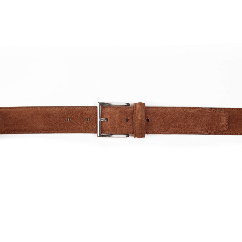 A Polo Brown Suede Leather 32mm Belt by Crockett & Jones, featuring a silver buckle, laid flat on a white background.