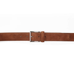 A Polo Brown Suede Leather 32mm Belt by Crockett & Jones, featuring a silver buckle, laid flat on a white background.