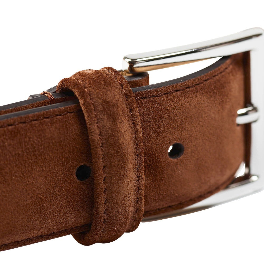 Close-up of the Polo Brown Suede Leather 32mm Belt by Crockett & Jones, showcasing a sleek silver buckle and loop.