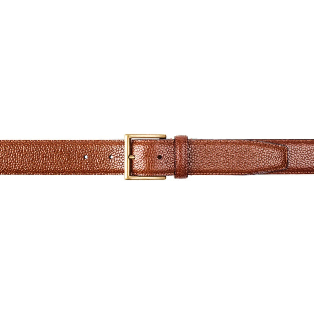 The Tan Scotch Grain Leather 32mm Belt by Crockett & Jones, highlighted with a gold-coloured buckle, is beautifully displayed against a pristine white background.