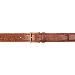 The Tan Scotch Grain Leather 32mm Belt by Crockett & Jones, highlighted with a gold-coloured buckle, is beautifully displayed against a pristine white background.