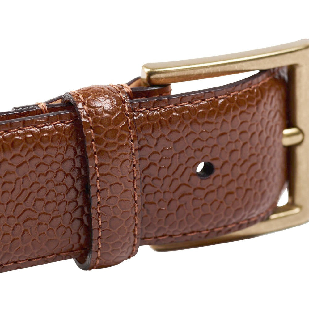 Close-up of the Crockett & Jones Tan Scotch Grain Leather 32mm Belt, showcasing its textured brown finish and a striking gold-coloured buckle.