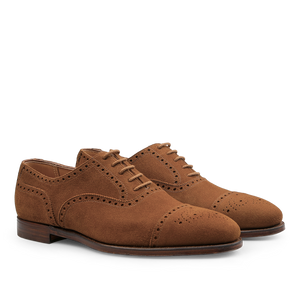 A pair of Tobacco Suede Leather Westfield Semi-Brogues from Crockett & Jones, featuring classic laces.