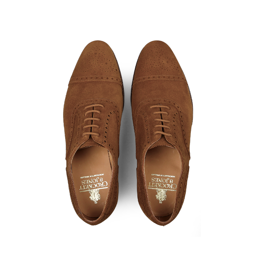 Crockett & Jones Tobacco Suede Leather Westfield Semi-Brogues, viewed from above.