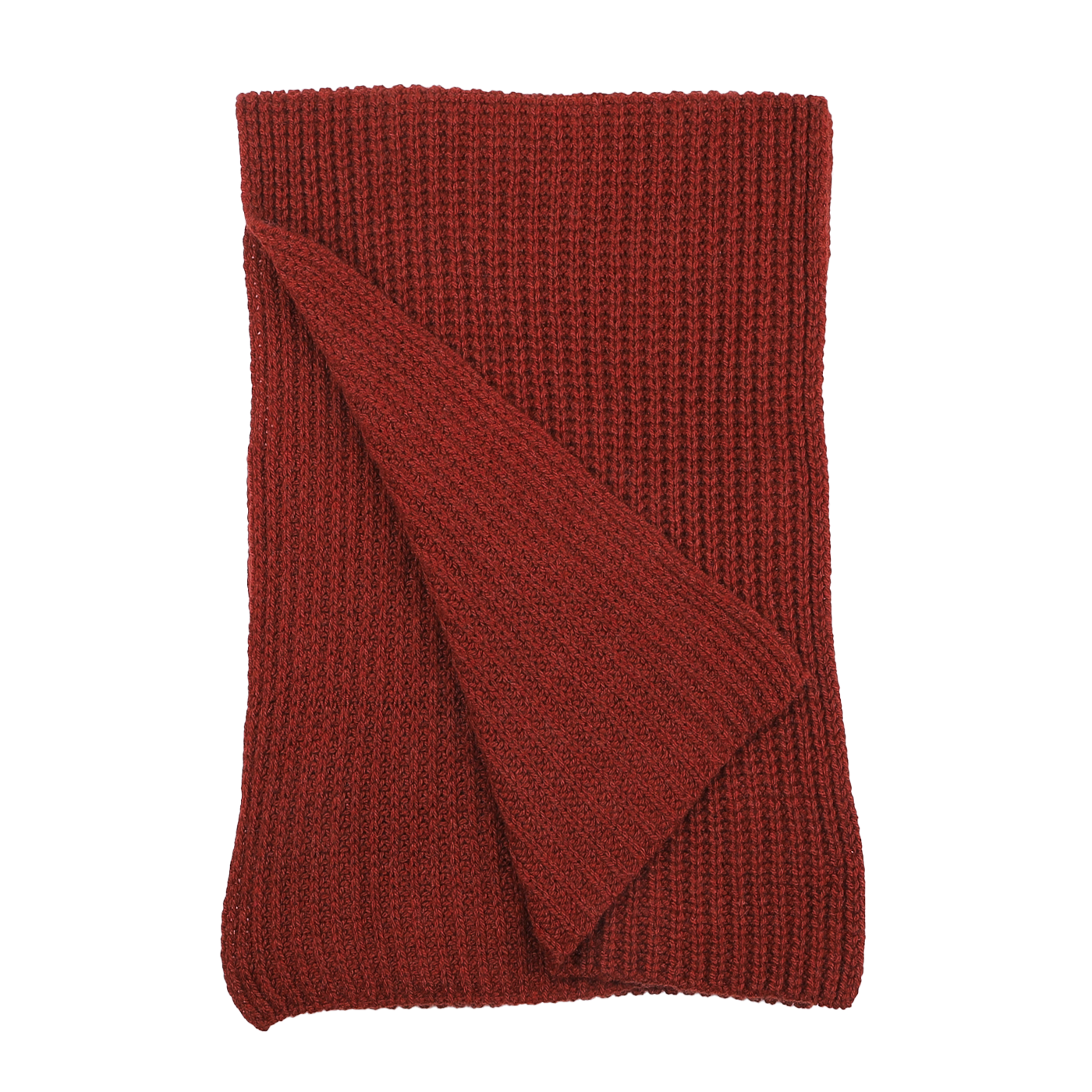 A folded burnt red cashmere scarf with a cable knit texture is shown, partially revealing the reverse side. This luxurious accessory is from Daniele Fiesoli's collection.