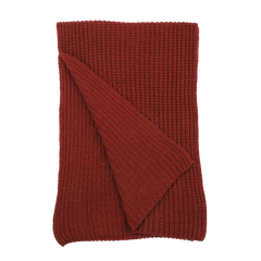 A folded burnt red cashmere scarf with a cable knit texture is shown, partially revealing the reverse side. This luxurious accessory is from Daniele Fiesoli's collection.