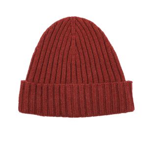 A burnt red ribbed cashmere beanie by Daniele Fiesoli, featuring a folded brim for classic appeal.