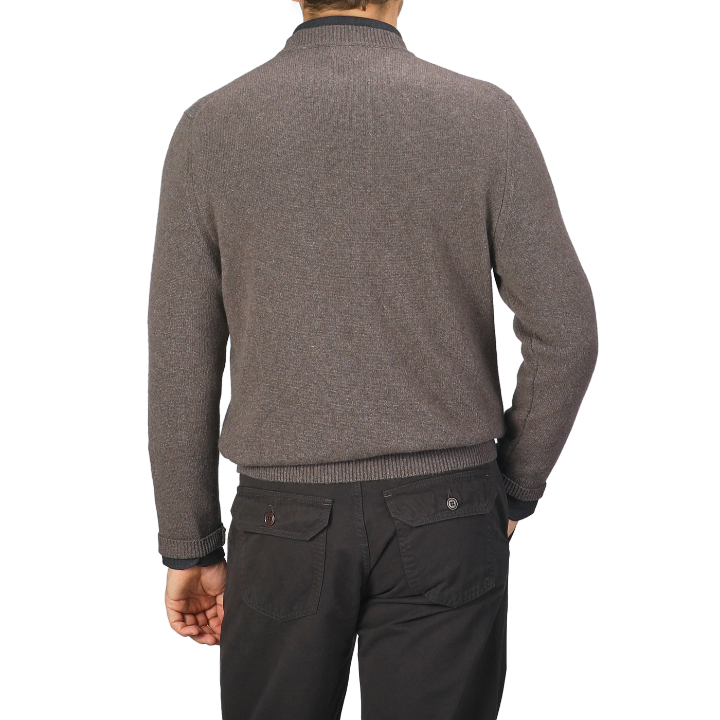 A person wearing a Corteccia Brown Cashmere Crewneck Sweater by Daniele Fiesoli and black pants is shown from the back against a plain background.