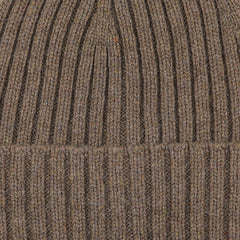 Close-up of a Corteccia Brown Ribbed Cashmere Beanie crafted by Italian knitwear specialist Daniele Fiesoli.