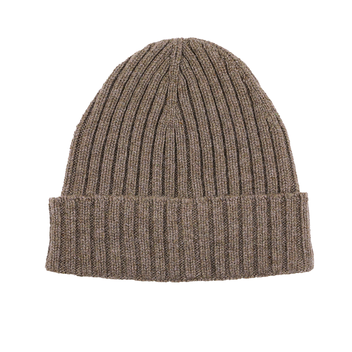 A Daniele Fiesoli Corteccia Brown Ribbed Cashmere Beanie with a folded cuff, crafted by an Italian knitwear specialist from upcycled cashmere, displayed on a white background.