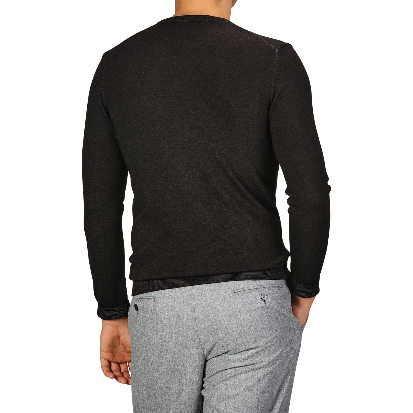 A person is seen from the back wearing a Daniele Fiesoli Dark Brown Merino Wool Crewneck and gray pants.