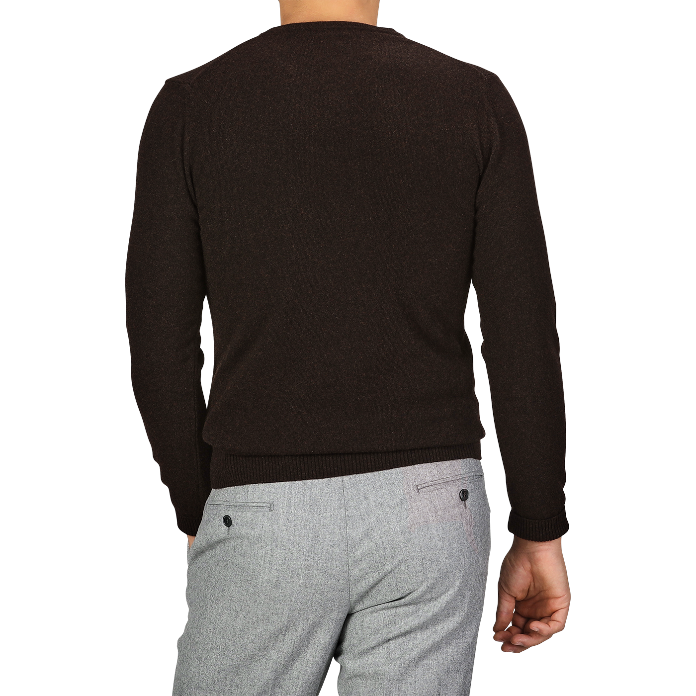 A person wearing a Daniele Fiesoli Dark Brown Wool Cashmere Crewneck and light gray pants is standing with their back turned to the camera.