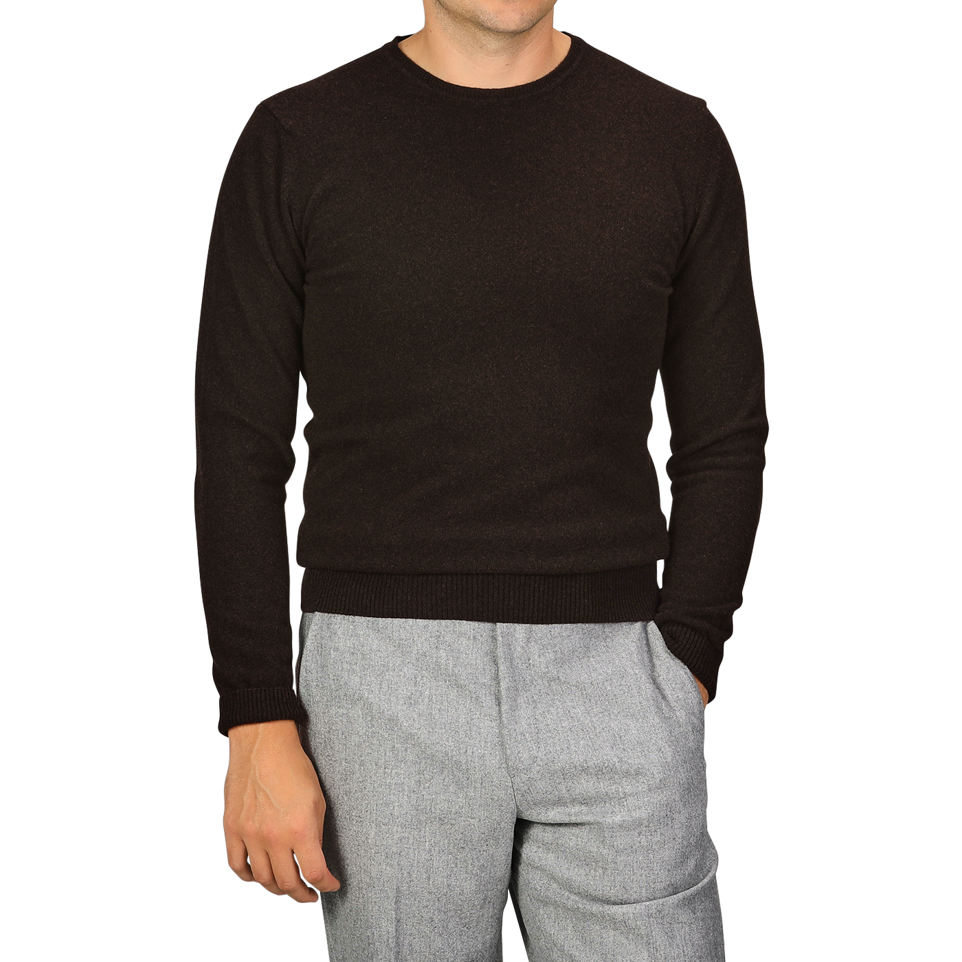 A person wearing a Daniele Fiesoli Dark Brown Wool Cashmere Crewneck and light gray pants. The person's face is not visible.