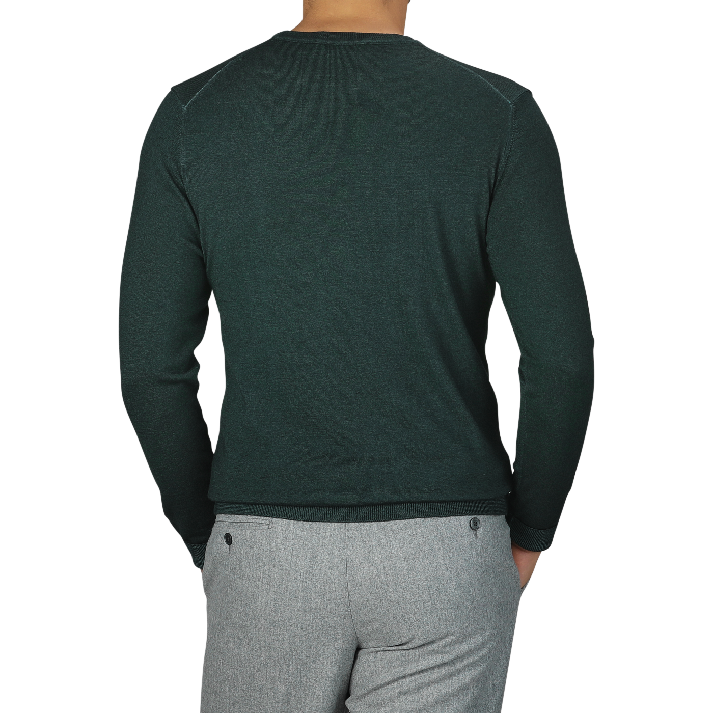 A person is shown from the back, wearing a Dark Green Wool Cashmere Crewneck by Daniele Fiesoli and light gray pants. The luxurious sweater, showcasing exquisite craftsmanship, is absolutely made in Italy.