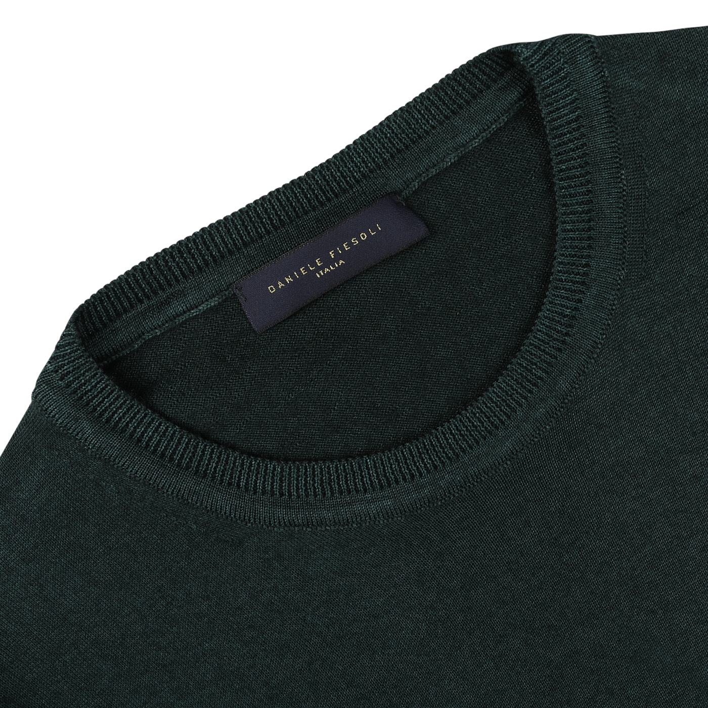 A close-up of a Dark Green Wool Cashmere Crewneck with a visible label on the collar that reads "Daniele Fiesoli Italy." Crafted from a luxurious wool-cashmere blend, this piece is absolutely made in Italy.