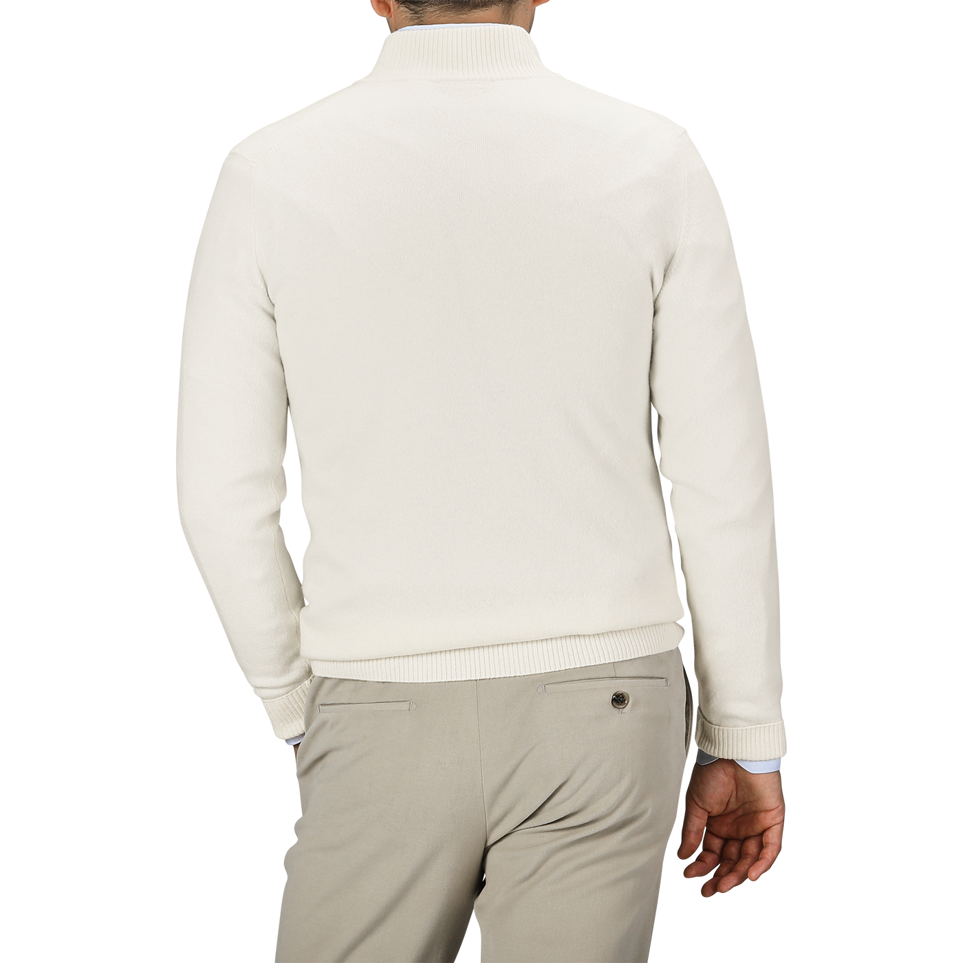 A person wearing an Ecru Wool Cashmere Quarter Zip Sweater by Daniele Fiesoli and beige pants is seen from behind.