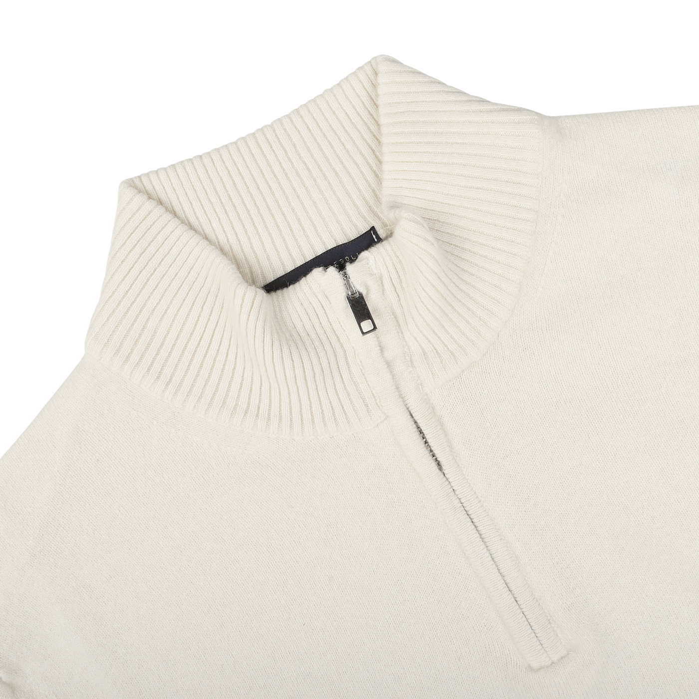 Ecru Wool Cashmere Quarter Zip Sweater by Daniele Fiesoli, featuring a ribbed collar and crafted from a luxurious wool-cashmere blend, laid on a flat surface.