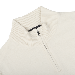 Ecru Wool Cashmere Quarter Zip Sweater by Daniele Fiesoli, featuring a ribbed collar and crafted from a luxurious wool-cashmere blend, laid on a flat surface.