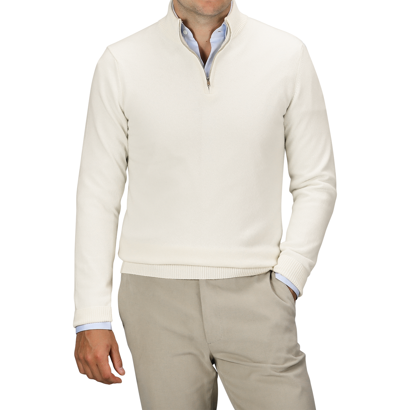 A man wearing a Daniele Fiesoli Ecru Wool Cashmere Quarter Zip Sweater over a light blue dress shirt, paired with beige trousers.