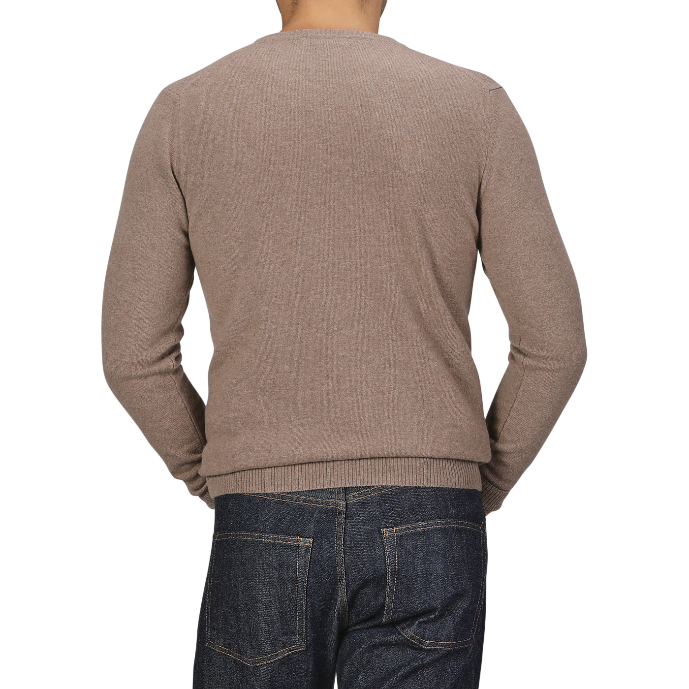 A person wearing a Daniele Fiesoli Light Brown Wool Cashmere Crewneck and dark blue jeans is shown from the back against a plain background.