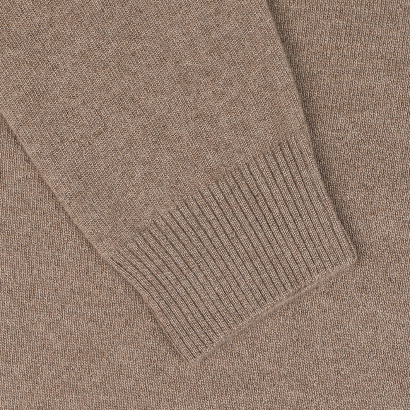 Close-up of a Daniele Fiesoli Light Brown Wool Cashmere Crewneck sweater sleeve, showcasing the ribbed cuff detail.