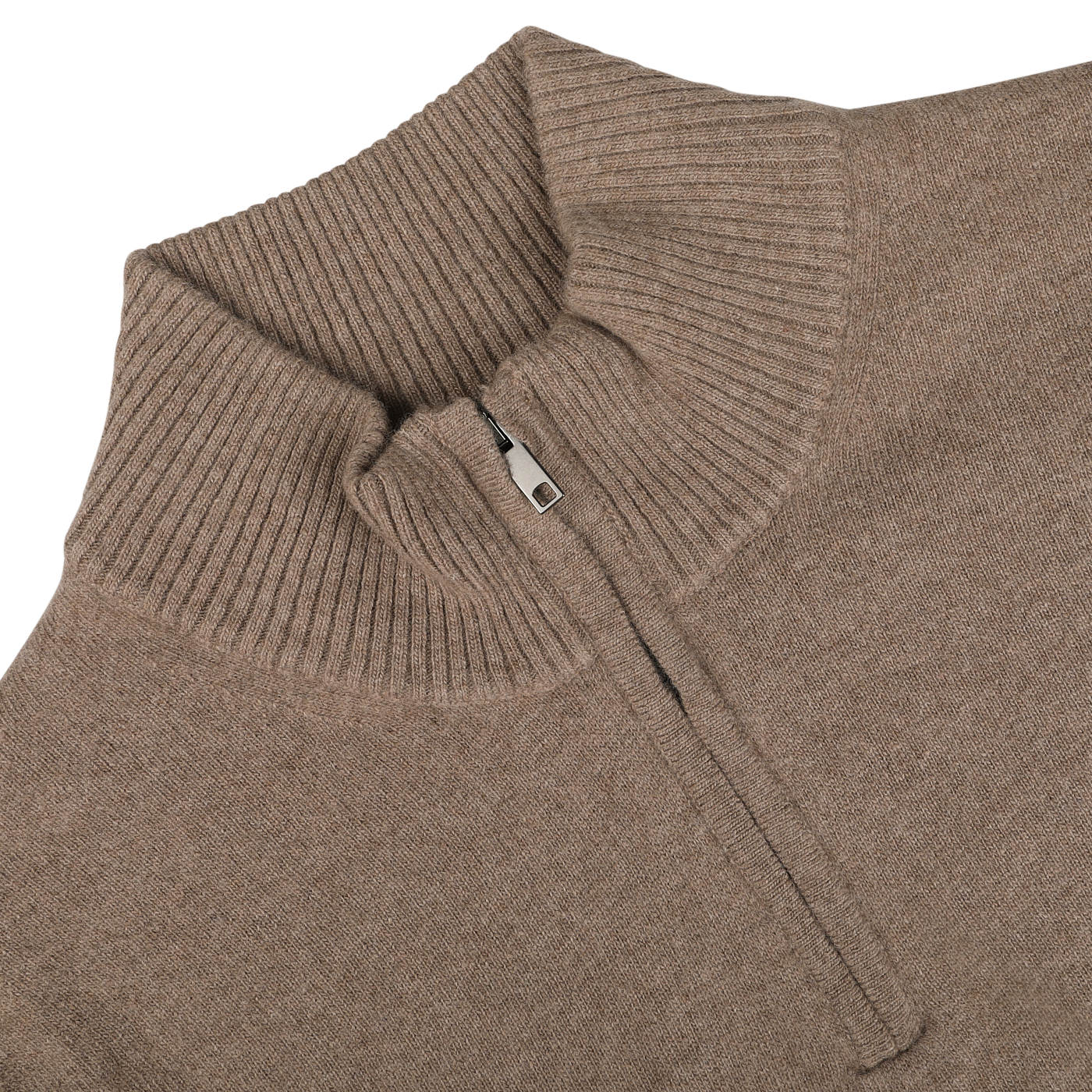 Close-up of the Daniele Fiesoli Light Brown Wool Cashmere Quarter Zip Sweater, showcasing its ribbed collar detail and silver zipper. Crafted from a luxurious wool-cashmere blend, this exquisite piece is unconditionally made in Italy.