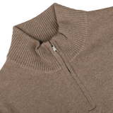 Close-up of the Daniele Fiesoli Light Brown Wool Cashmere Quarter Zip Sweater, showcasing its ribbed collar detail and silver zipper. Crafted from a luxurious wool-cashmere blend, this exquisite piece is unconditionally made in Italy.