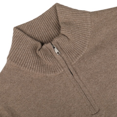 Close-up of the Daniele Fiesoli Light Brown Wool Cashmere Quarter Zip Sweater, showcasing its ribbed collar detail and silver zipper. Crafted from a luxurious wool-cashmere blend, this exquisite piece is unconditionally made in Italy.